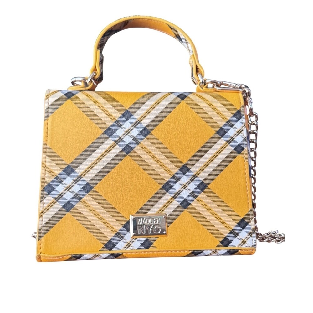 Madden NYC Taxi Yellow Plaid Crossbody TopHandle Chain Strap EUC 8.25x6.25x2.5" - Picture 10 of 11